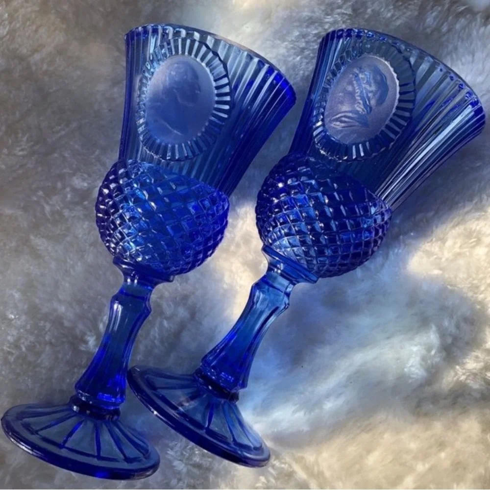 Vintage Cobalt Blue Glass Goblets | Cameo Design | Set of 2